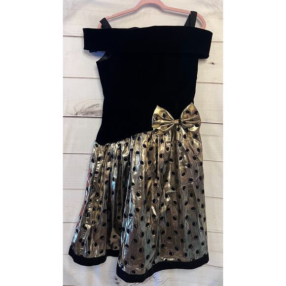 80's Prom Dress Act I Petites New York Size 10 Black Velvet Gold Bow Polka Dots - Picture 1 of 5